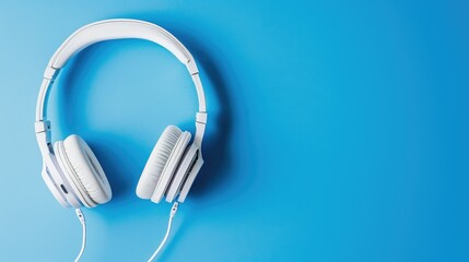 Top view of white headphones on blue background with copy space. Flat lay.