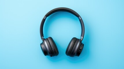 Top view of headphones on blue background with copy space. Flat lay.