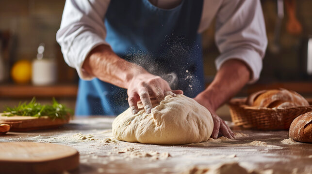 Close Up of Male Baker Kneading Bread Dough on Kitchen Table