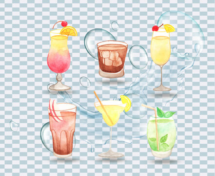 Fresh cocktails collection in watercolor style