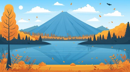 2d flat illustration of landscape scenery mountain and lake during autumn season
