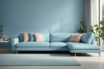 modern living room with blue sofa, pillows and plants