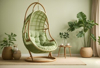 Comfortable wicker swing with pillows in the living room. rattan swing chair. green living room inspiration