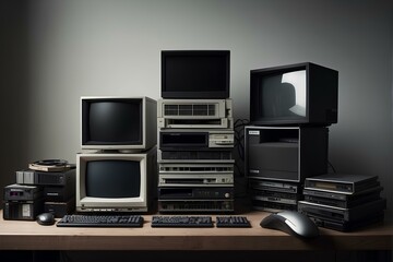 a large group of old computer monitors and a mouse on a wooden table