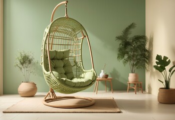 Cozy wicker swing with plants in the living room. rattan swing chair. green living room interior inspiration