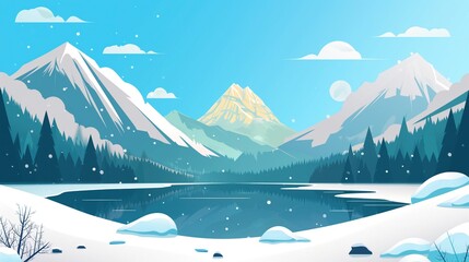 2d flat illustration of green landscape scenery mountain and lake during winter season