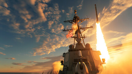 The warship is firing missiles at the target.