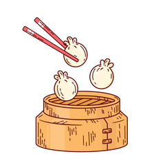 Illustration vector of Dimsum on the steamer chinese food illustration Colorful hand drawn retro Design style isolated white background