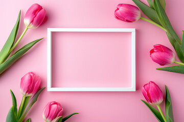Pink tulips with white frame on pink background - obrazy, fototapety, plakaty