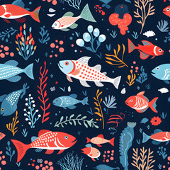 Sea fish colorful celebration drawing seamless element pattern and background