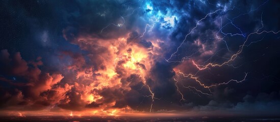 Lightning splits the sky and strikes the ground. - obrazy, fototapety, plakaty