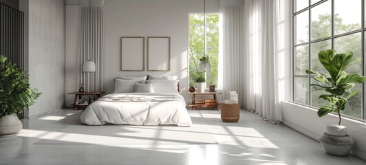 Modern minimalist bedroom interior in luxurious apartment. White walls and floor, posters on the wall, indoor plants, large windows. Concept of aesthetic simple contemporary interior design.