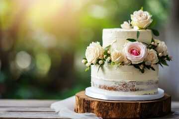 Beautiful rustic wedding cake with copy space.