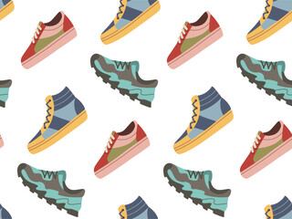 Seamless pattern of sports shoes, footwear design multicolored sneaker of active people walking or running comfortable.