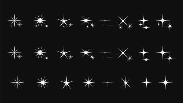 Sparkling stars composition. Glowing white star stencil, isolating various sparkling elements. Celestial bodies, flashing vector sign clipart collection of different Christmas snowflakes