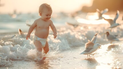 Cute adorable baby boy in diaper playing running in water with seagulls on sandy beach, enjoying ocean at sunny summer day, beautiful nature background, hipster holiday maker, 3d digital art deco.