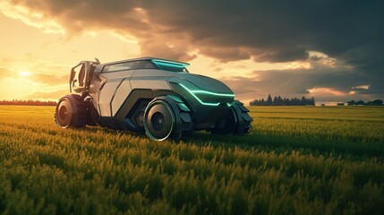 Fototapeta premium Future transportation car in the middle of green grass.