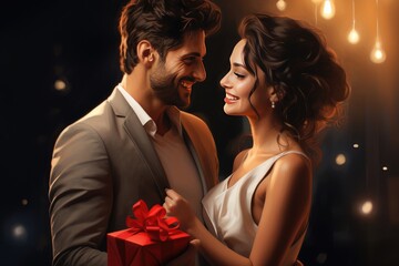 Intimate couple exchanging gifts under warm light.