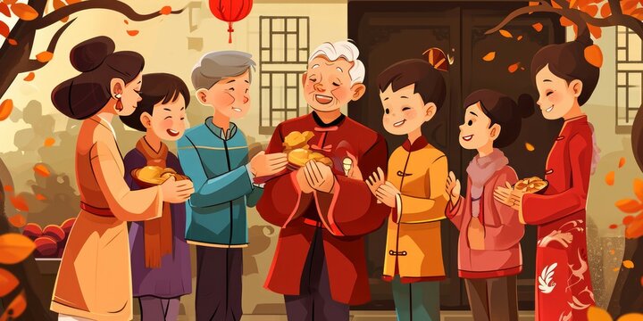 Happy Chinese New Year 2024, 2025, 2026, 2027, 2028 greeting card, banner, poster. Cute cartoon family celebrate chinese new year.