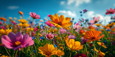 Fototapeta na wymiar olorful field of flowers, bright sky