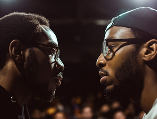 Two black men engaged in a rap battle under a spotlight, capturing the intensity of hip hop culture and lyrical competition. - obrazy, fototapety, plakaty