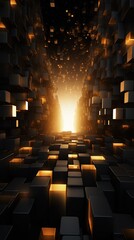 Obraz premium Abstract background with golden glowing squares in space.