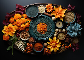 Fototapeta na wymiar some_foods_flowers_and_diya_in_the_center_of_a_black_pla