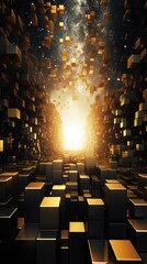 Obraz premium Abstract background with golden glowing squares in space.