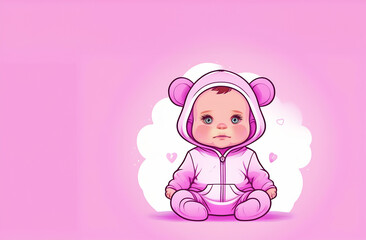 Obraz premium baby girl in pink overalls sitting pink backgroun