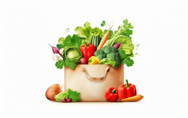 The depiction highlights the conveyance of wholesome cuisine, specifically focusing on vegan and vegetarian selections, displayed in a paper bag against a white backdrop.