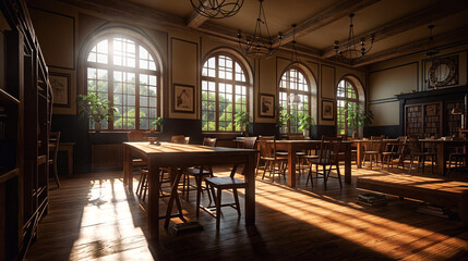 Sunlit Sanctuary: Where Knowledge Basks in Golden Rays, a Classroom Awaits Dreams to Bloom.
Lessons in Light: Wooden Wisdom Whispers, Sunbeams Paint Stories on Empty Pages, Awaiting Curious Minds. - obrazy, fototapety, plakaty