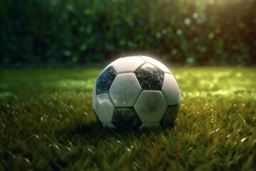 A 3D render of a soccer ball on a field, depicting the idea of playing football. Generative AI