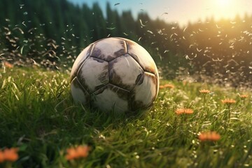 A 3D render of a soccer ball on a field, depicting the idea of playing football. Generative AI