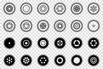 Gears icon set. Setting gears icon. Collection of mechanical cogwheels. Vector illustration with black silhouettes sprocket icons or signs design element. Transparent isolated background. - obrazy, fototapety, plakaty