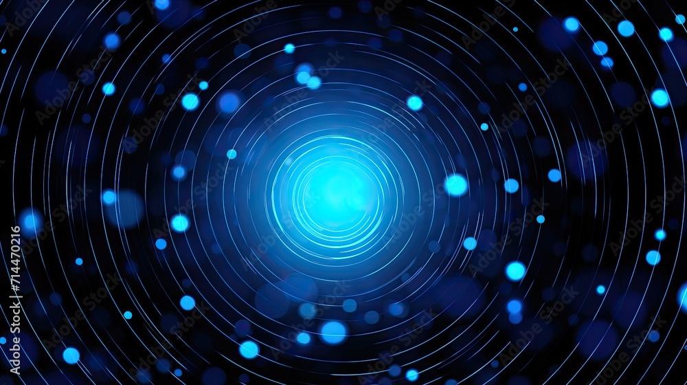 Poster a background with neon blue circles arranged in a random pattern with a glitch effect and a digital 