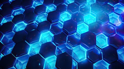 A background with neon blue diamonds arranged in a honeycomb pattern with a bokeh effect and a color grading