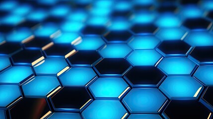 A background with neon blue hexagons arranged in a grid pattern with a reflection effect and a motion blur