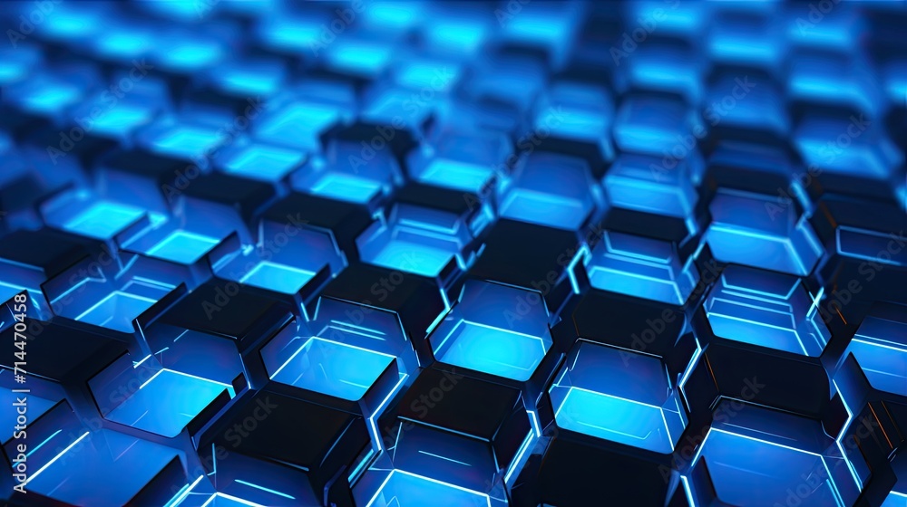 Poster a background with neon blue squares arranged in a honeycomb pattern with a 3d effect and a depth of 