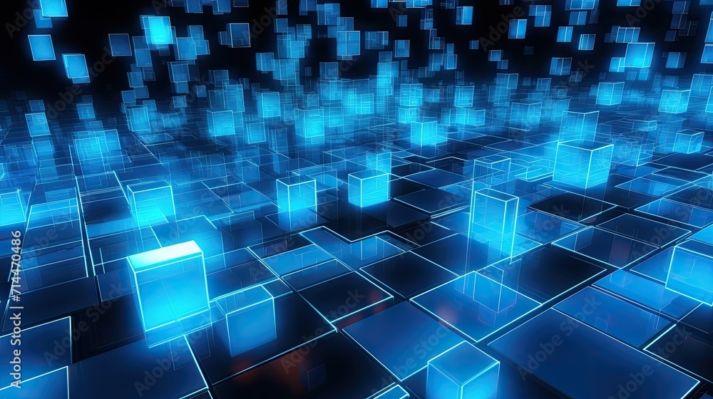 Aufkleber a background with neon blue squares arranged in a random pattern with a distortion effect and a lens
