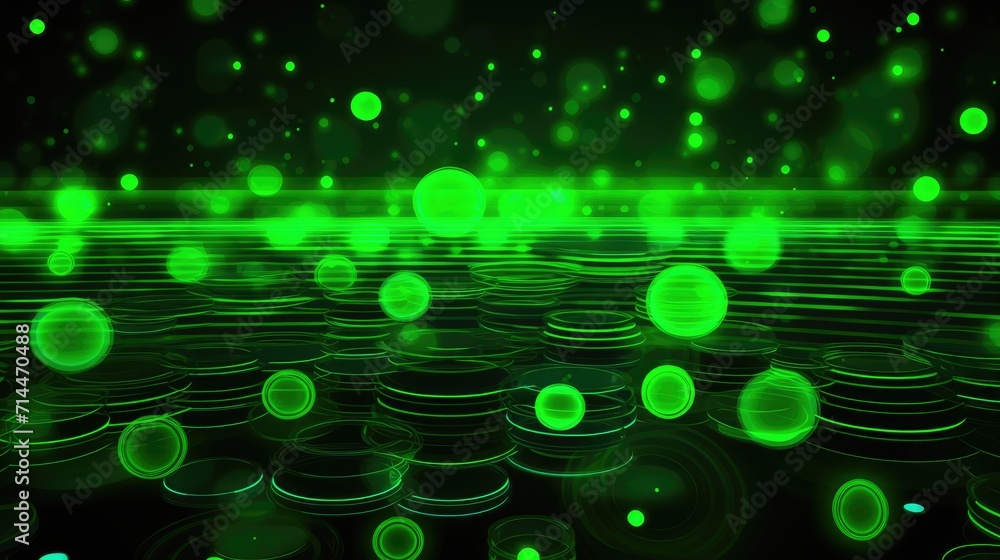 Poster a background with neon green circles arranged in a repeating pattern with a glitch effect and a digi