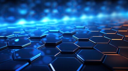 Obraz premium A background with neon blue hexagons arranged in a grid pattern with a reflection effect and a motion blur