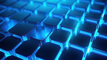 A background with neon blue squares arranged in a honeycomb pattern with a 3d effect and a depth of field