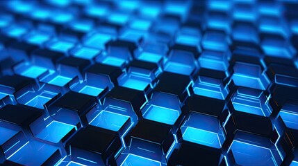 Fototapeta premium A background with neon blue squares arranged in a honeycomb pattern with a 3d effect and a depth of field