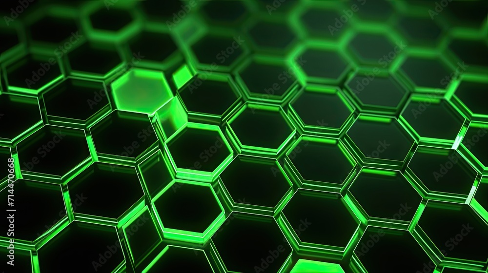 Poster a background with neon green hexagons arranged in a honeycomb pattern with a kaleidoscope effect and