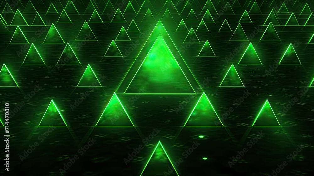Poster a background with neon green triangles arranged in a random pattern with a distortion effect and a l