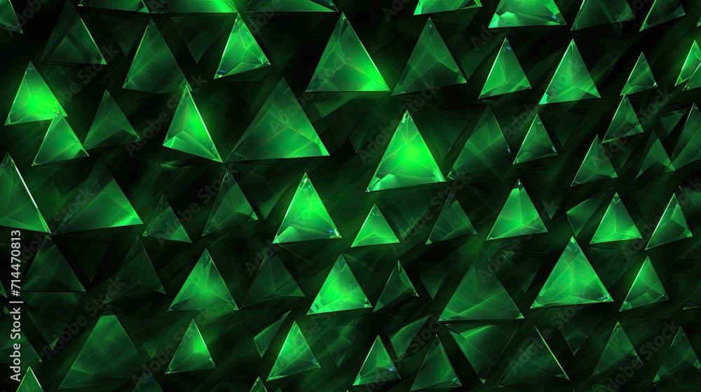 Poster a background with neon green triangles arranged in a random pattern with a distortion effect and a l
