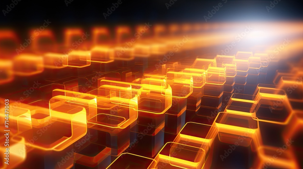 Poster a background with neon orange hexagons arranged in a random pattern with a motion blur effect and a 