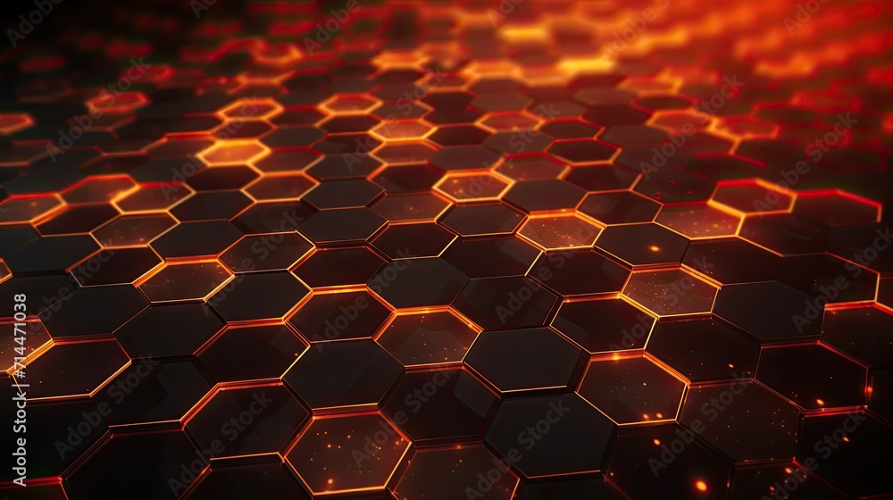 Poster a background with neon orange hexagons arranged in a repeating pattern with a chromatic aberration e