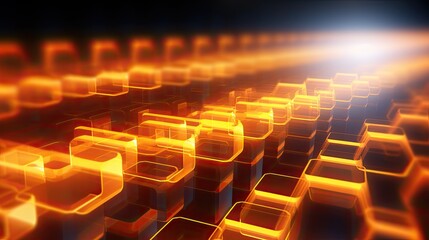 Obraz premium A background with neon orange hexagons arranged in a random pattern with a motion blur effect and a light streak