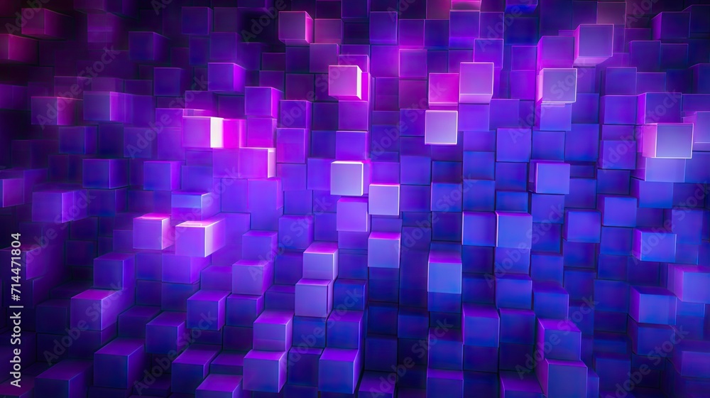 Poster a background with neon purple squares arranged in a random pattern with a chromatic aberration effec